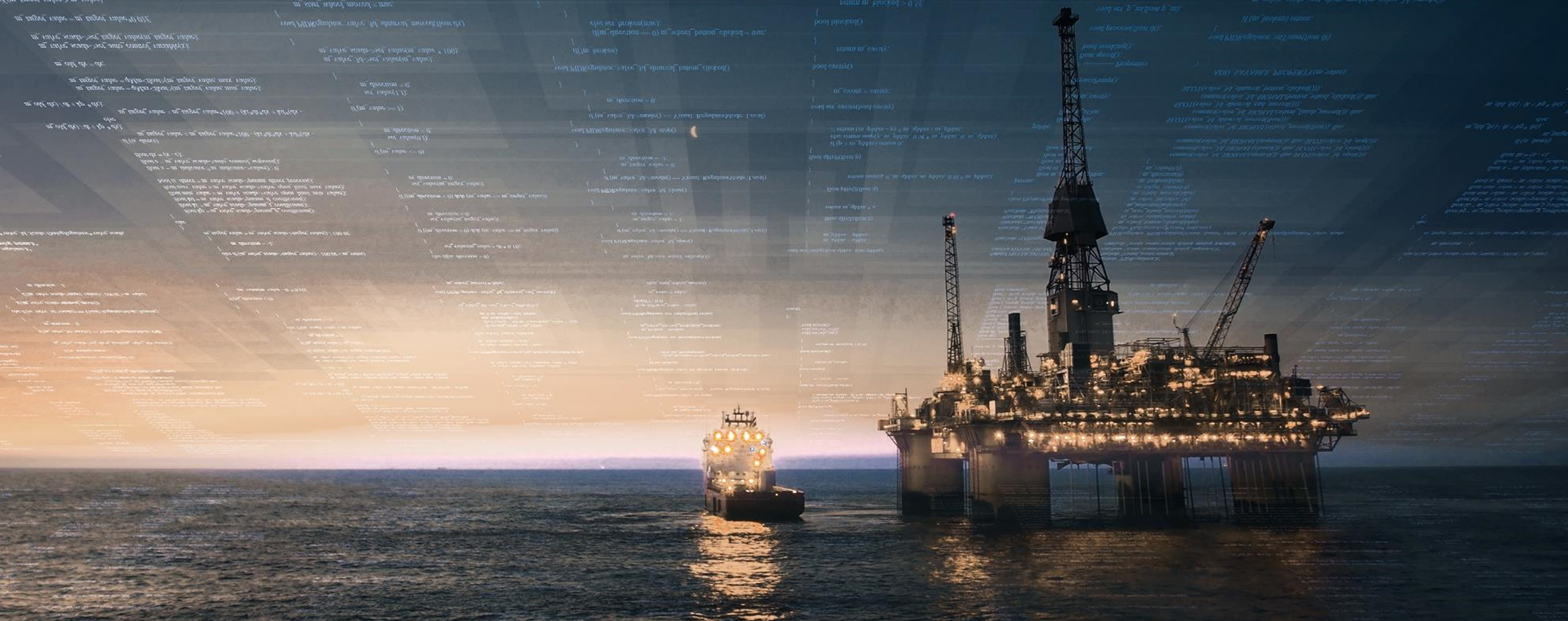 Graphic of an offshore rig with data bytes overlay.