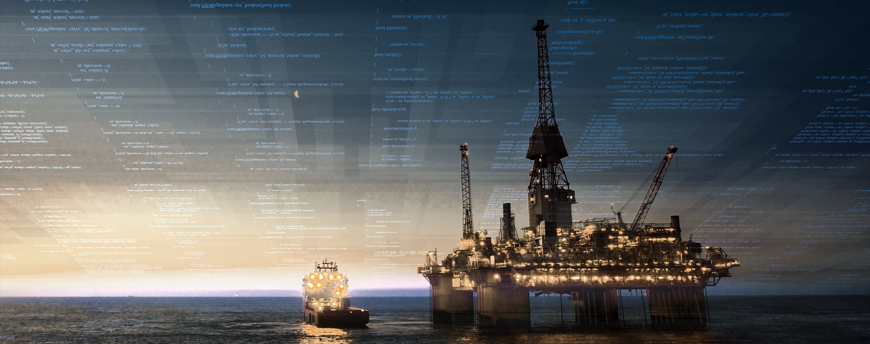 Computer rendering of an offshore rig with data in the sky.