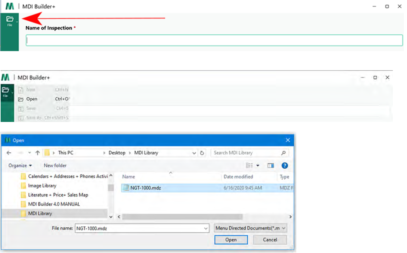 Screenshots of the steps to use an existing MDI file as your new inspection template.