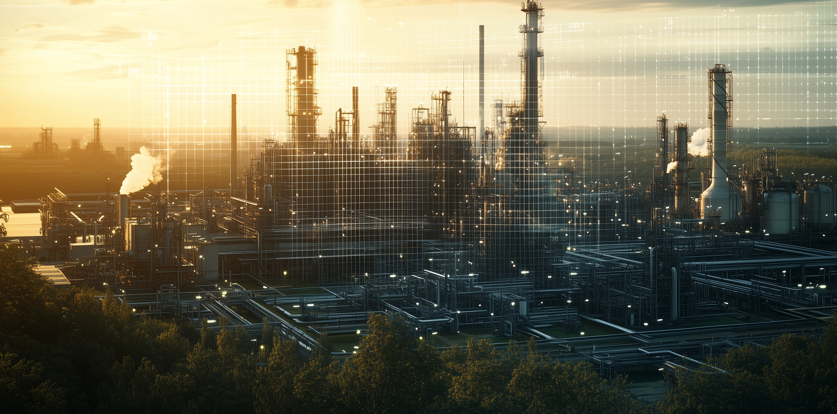 Photo of a refinery with digital overlays.