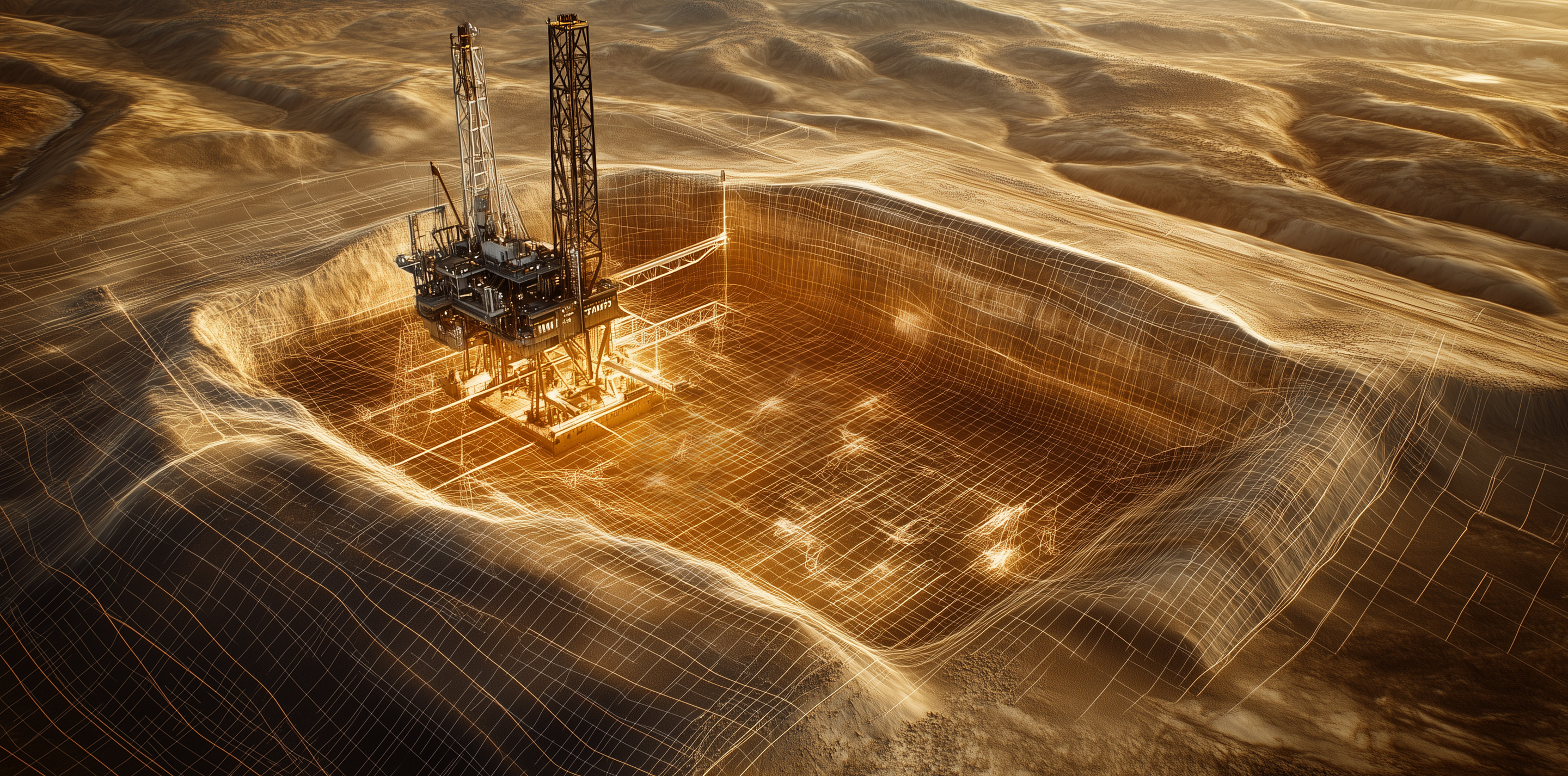 Digital abstract graphic of an oil field.